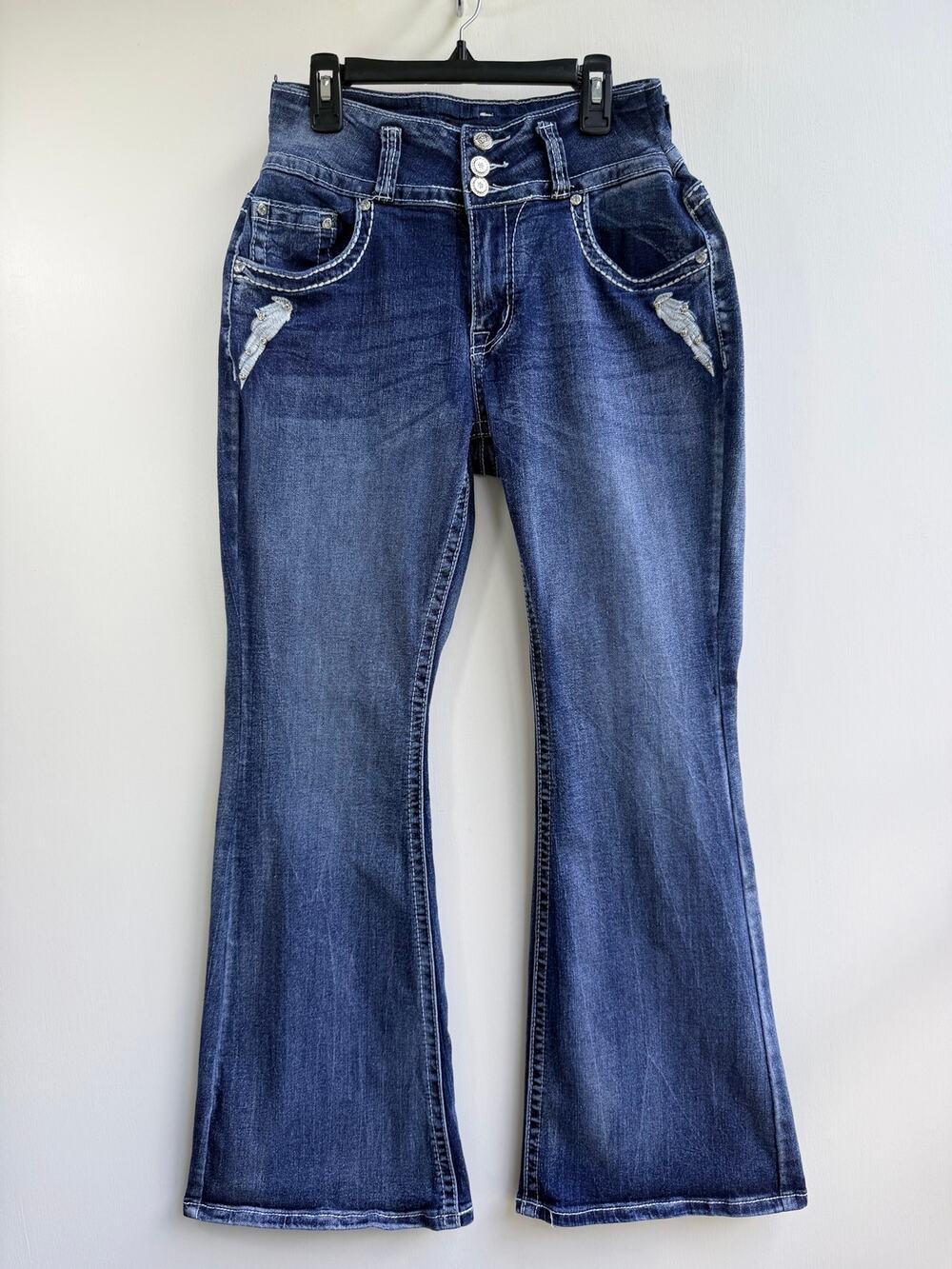 SKY Premium Collection Y2K High Rise Flare Jeans Size 11/12 3-Button Distressed